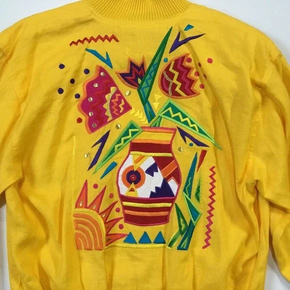 Vintage Floral Embroidered Jacket L Yellow Art to Wear Southwestern Flower - Picture 4 of 10